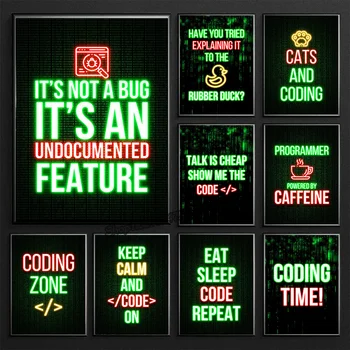 Neon Efekt Legrační Programátor Citát Hacker Kód, Tisk Plakátů a Kódování Zóny Wall Art Malířské Plátno Kancelářské Místnosti Domova Bez LED