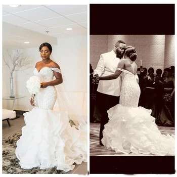 Nigerijský Mořská Panna Svatební Šaty Off Rameno Zamést Vlak Organza Volánky Crystal Lištování Appliqud Plus Velikost Svatební Šaty