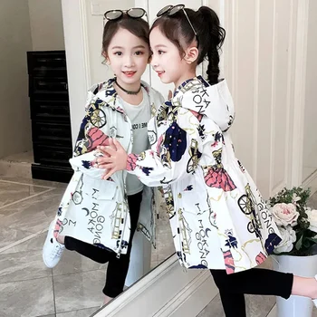 Nové Jarní Podzimní Polyester Bunda Pro Dívky, Korean Verze Módní Kreslený Tisk Větrovka Ležérní s Kapucí dětské Oblečení