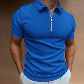 Nové Létě Muž Topy Pánské jednobarevné Polo Tričko s Krátkým Rukávem Turn-Down Límec na Zip Polo Košile pro Muže Ležérní Streetwear 2023