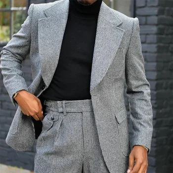 Nové Příjezdu Muži Houndstooth Obleky Módní Zářez Klopě Jedno Tlačítko 2 Ks Formální Smart Casual Svatební Smoking Slim Obleky pro Muže