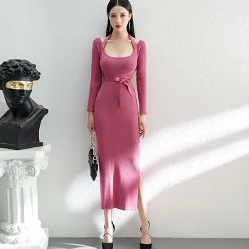 Nové Sexy Náměstí Límec Populární Ženy Slim Pletené 2020 Jaro Podzim Elegantní Dlouhý Rukáv Krajky Pouzdro Solid Svetr Šaty