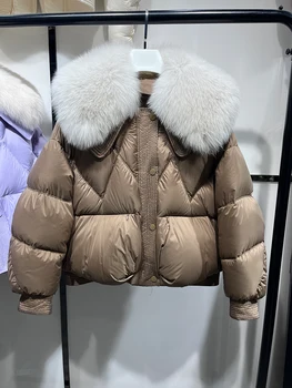 Nové Zimní Teplé Přirozené Real Fox Kožešiny Límec Husí Dolů Bundy Puffer Bundy Ženy, Tlusté Ženy Streetwear Kabáty