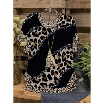 Nové Ženy, Černé T-košile Vzor Leopard Tisk Patchwork Stylu Havajské Módy y2k Oblečení O-neck Krátký Rukáv Topy