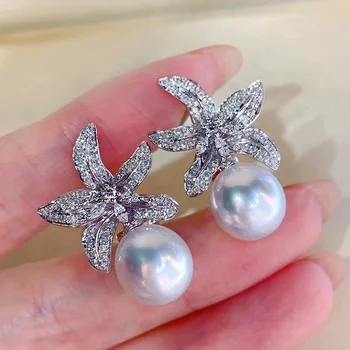 Nový korejský Sterling Silver Pearl Houpat Náušnice pro Ženy Velké Květinové Náušnice Pendientes Nový Rok Dárek Módní Ucho Šperky