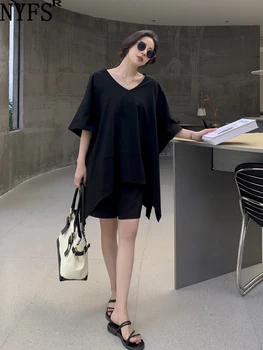 NYFS 2023 Letní Nové Korea Ženy T-Košile Pevné Bavlny Topy Volné Plus Velikost Výstřih Batwing Sleeve Tee Blusas Camisa Mujer