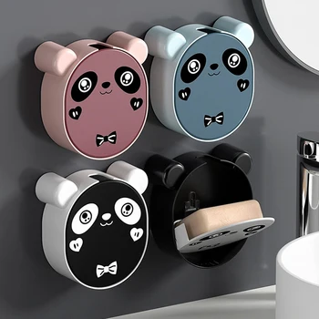 Nástěnný Kanalizace Mýdlo Box Cartoon Panda Flip Víko Mýdlo Box Miska Na Mýdlo S Drain Punch Toaletní Mýdlo Držák Koupelna Skladovací Stojan