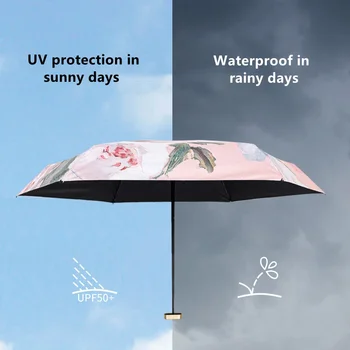 Obraz Žena Mini Přenosný Cestovní Pocket Slunečník Olej Malý Deštník Větruodolný Módní 5-skládací Déšť