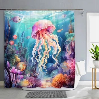 Oceán Zvířata Koupelna Záclony Akvarel Chobotnice, Medúzy, Želva Polyesterové Tkaniny V Pračce Sprcha Žaluzie Koupelna Dekor