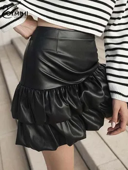 Oymimi Elegantní Černé Pu Kůže Sukně Ženy Módní Vysokým Pasem Kaskádové Prohrábnout Sukně Ležérní Streetwear Solid Mini Sukně