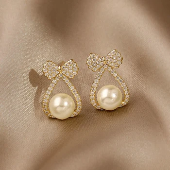 Perlové Knoflíky Luk Crystal Náušnice pro Ženy Náušnice Malé Svatební Módní Šperky