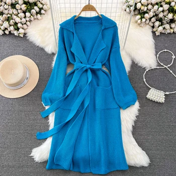 Pletení Svetr Mujer Modrý Svetr Y2k Oblečení Zimní Teplé Dlouhé Puff Sleeve Top Korean Módní Kapsy Ležérní Žebrované Oblečení