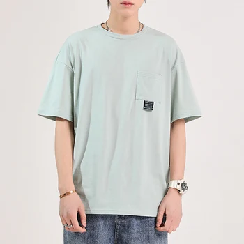 Plná Barva Kapsička na Tričko Pánské Bavlněné T-košile, Letní Tee Boy Vintage Krátký Rukáv Módní Tričko Topy Streetwear