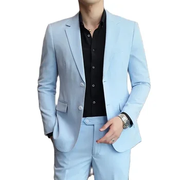 Plus Velikost Pánské dvoudílné Nebesky Modrá Bunda Jediného Breasted Slim Fit Módní Obchodní Gentleman Profesionální Formální Banket Oblek