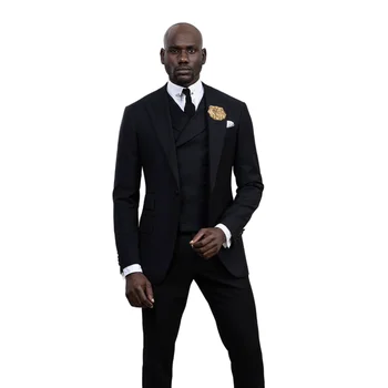 Poslední Vrchol Klopě Pánské Černé Obleky na Zakázku Jedno Tlačítko Módní Formální Oblečení, Sako 3 Kusy Slim Fit （Bunda + Vesta + Kalhoty)