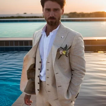 Povlečení Obleky pro Muže Beach Letní Slim Fit Béžová Ženich Svatební Oblek 3 Ks italský Styl Oblek Sako (Bunda +Vesta + Kalhoty) 2024