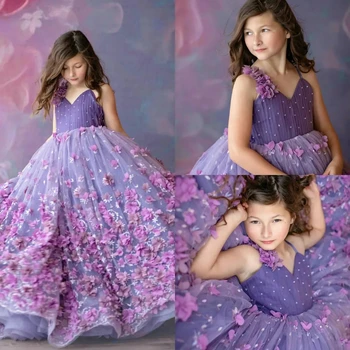 Princezna Fialová plesové Šaty Květinové Dívky Šaty Pro Svatební 3D Květinové Pošity Děti Formální Oblečení Korálky V Krku Dlouhý Průvod Šaty