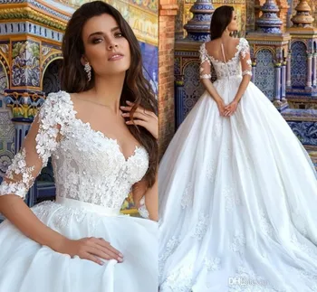 Princezna Plesové Šaty Svatební Šaty S Rukávy Bílé Arabské Svatební Šaty S Nášivky Romantický Plus Velikosti Svatební Šaty Roku 2019