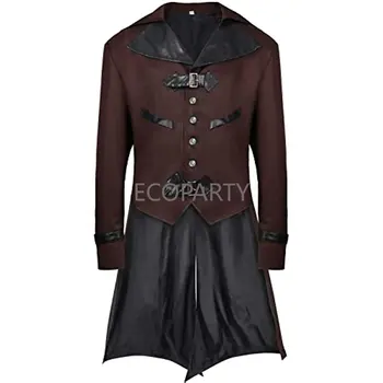 Pánská Gothic Steampunk Bunda, Středověké Viktoriánské Renesance Frak Upír Halloween Kostým Vintage Kožený Límec Kabát