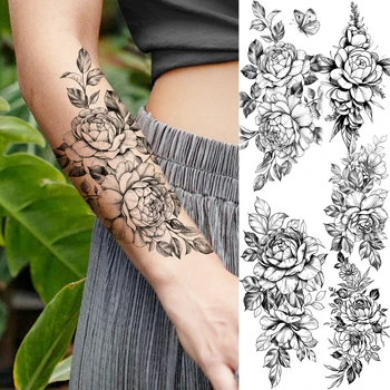 Realistické Černé Růže Květ Dočasné Tetování Pro Ženy, Dospělý, Holka, Pivoňka, Lilie Falešné Tetování Módní V Pračce Půl Rukáv Tetování