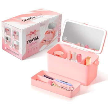 Rechaegable Make-up Skladování Zrcadlo s LED Světla Nastavitelný Jas Přenosný Cestovní Kosmetiky Organizátor Box