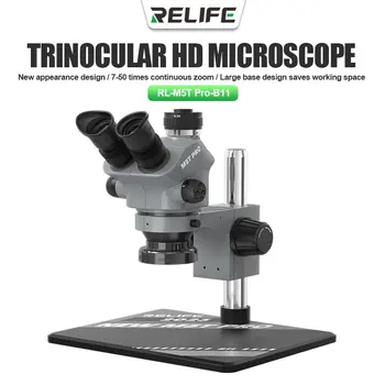 Relife RL-M5T Pro-B11 Trinocular HD Mikroskop 7-50 Krát Kontinuální Zoom Pro Mobilní Telefon Opravy S Velkými Znění Prostoru
