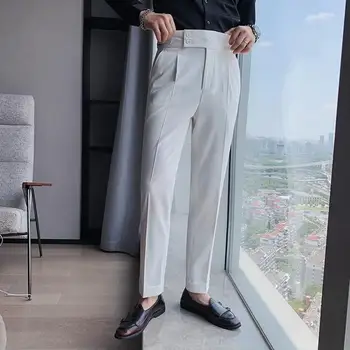 Rovné nohy Kalhoty Vintage Vysokým Pasem Pánské Kalhoty Slim Fit Business Kalhoty s Měkkou Prodyšnou Fabric Classic