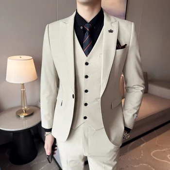 (Sako+Kalhoty+Vesta) Luxusní 3 dílný pánský Svatební Oblek Módní Slim Fit Sako Obchodní Kancelář Obleky Sady Velké Velikosti 4XL