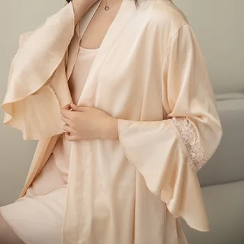 Saténové Krátké Dámské Noční Prádlo Sexy Světlice Rukáv Kimono Robe Set Ležérní Oblečení Na Spaní Nevěsta Družička Župan Domů, Župan