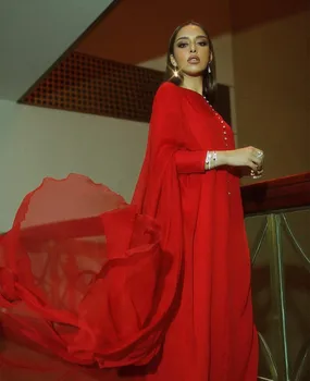 Saúdská Arábie Vintage Dlouhé Červené Šifónové Šaty na Ples s Přední Tlačítko-Line O-Krk Robe De Soirée Formální Party Šaty pro Ženy