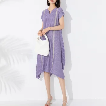 Skládaný dámské letní šaty new krátký rukáv kolem krku barevný kontrast nepravidelné šaty