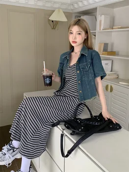 SM letní Dlouhé Šaty pro Dámské 2023 korejský styl dívky sladké Slim Pruhované špagety popruh šaty dámské (d3085)