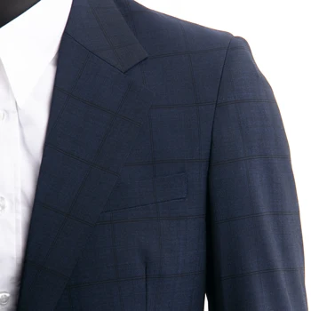 Smart Casual Navy Plaid Oblek Na Zakázku Slim Fit Tmavě Modré Vzorované Obleky S Nailhead Vzor, Jemný Kostkovaný Vlněný Oblek