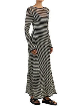Stylové Duté-Out Stripe Pletené Šaty pro Ženy - Ideální Letní Mesh Dlouhý Rukáv Tie-Up Holiday Beach Bikiny Cover-Up Šaty
