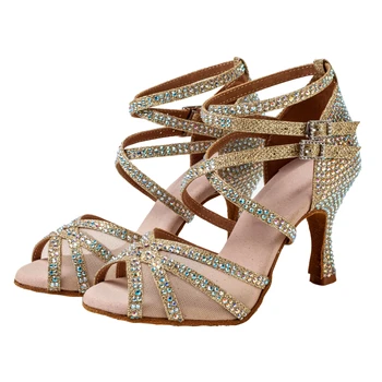 Stříbrné taneční boty Adult Latin taneční boty Profesionální taneční boty Diamant vykládané dospělé ženy, vysoké podpatky Krajka zlata 7,5 cm