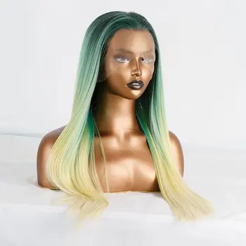 Syntetické Vlasy Krajka Přední Paruka Zelená Mix Tmavě Zelené Ombre Blond Rovnou Tepelně Odolné Vlákno Přírodní Vlasové Paruky Pro Ženy
