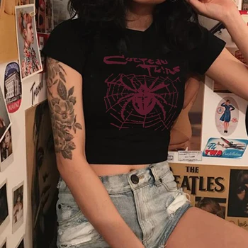 T-Shirt Y2k Oblečení Spider Web Print Goth Vintage Slim Punk Letní Grunge Crop Top Neformální Streetwear Tričko Pro Ženy Dětská Trička