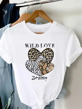 Tee Dámské Grafické T Top Oblečení Lady Leopard Tisk Lásky Trend Roztomilé 90. let v Létě Karikatura Ležérní Karikatura Módní Trička T-Shirt