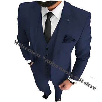 Tmavě Modré Svatební Obleky 2024 Ženich Obleky Groomsmen Nejlepší Muže, Pro Mladé Muže, Ples Oblek (Bunda+Kalhoty +Kravata) na Zakázku