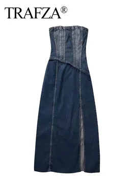 TRAFZA Šaty Pro Ženy 2023 Nové Džínové Atchwork Lem Štěrbinou Slim Midi Šaty Ženy Vintage Elegantní A Elegantní Ženy Šaty Oblečení