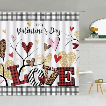 Valentýna Sprchový Závěs, Červené, Růžové Lásky Srdce, Kde Černé a Bílé Pruhy Romantické Genie Koupelna Dekorace