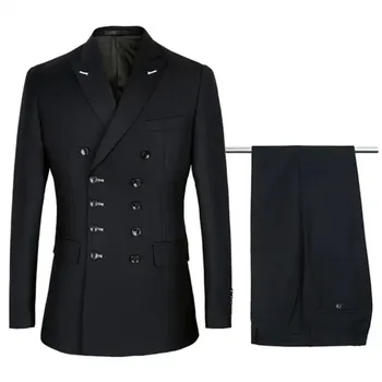 Velkoobchodní Černé Pánské Obleky 2 Kusy Dvojí Breasted Zakázku Nejlepších Značek Svatební Ženich Šaty Nosit Man Blazer Sady Oblečení