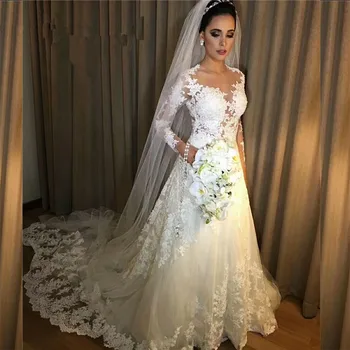 Vestidos de Noiva Řádku Krajkové Svatební Šaty Roku 2019 Vidět Přes Sexy Dlouhý Rukáv Svatební Šaty Robe De Mariage Svatební Šaty