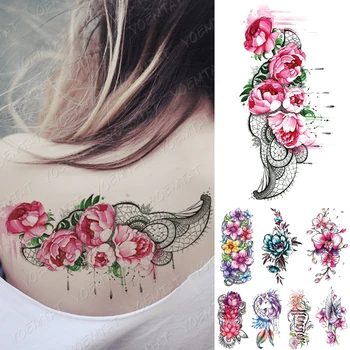 Vodotěsný Dočasné Tetování Nálepka Romantická Pivoňka Květiny, Růže Flash Tetování Listy Tělo Umění Rameno Falešný Rukáv Tetování Ženy Muži
