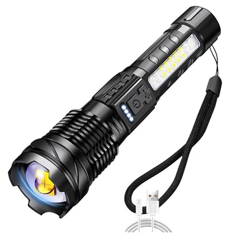 Vysoce Silný LED Svítilna USB Typ-C Nabíjecí Svítilna Flasglight Venkovní Osvětlení Zoomovatelný Přenosné Světlo Oslnění Lehká