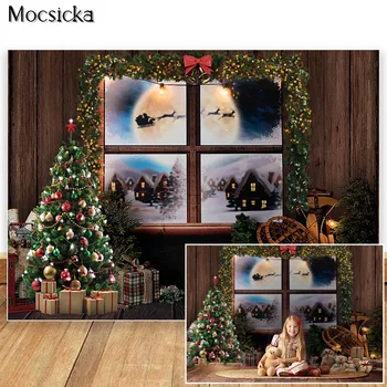 Vánoční Okno Pozadí pro Fotografie Vintage Dřevěný Vánoční Strom na Pozadí Santa Claus Elk Sáně Zimní Photo Studio Rekvizity