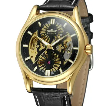 VÍTĚZEM Módní trend ležérní mužů hodinky černý ciferník zlaté zdobení zlato případ kožený řemínek automatické mechanické hodinky