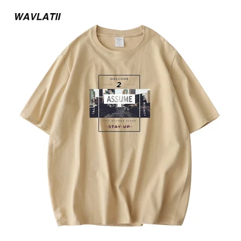 WAVLATII Nové Cool Tisk Bavlněné T košile pro Muže Khaki O-neck Krátký Rukáv Tees Mužské Černá Bílá Letní Příležitostné Topy WMT2303