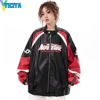 YICIYA kožená bunda červená na zip oversize závodní dámský kabát bombardér Korean módní zimní Bundy Motocyklu nové oblečení vintage
