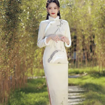Yourqipao 2023 Zimní Kožešinový Límec Zahuštěný Dlouhé Cheongsam Vyšívané Šaty Zlepšily Čínské Hanfu Večerní Šaty pro Ženy